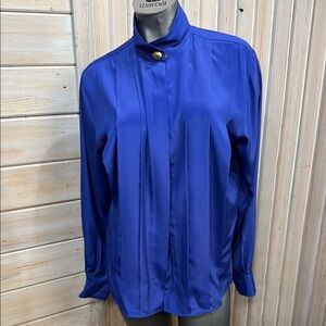 Anne Klein Blue Mandarin Collar Cuffed Sleeve Blouse